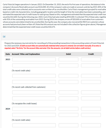 Carla Vista Ltd. began operations in January 2023. On December 31, 2023, the end of its first year of operations, the balance in the
company's Accounts Receivable account was $126,000. All of the company's sales are made on account, and during 2023, 80% of the
total credit sales were collected, and no accounts were written off as uncollectible. Carla Vista's management grouped its receivable
based on credit risk characteristics, including geographic location and the length of time the receivables have been outstanding, and
estimated the expected rate of credit losses for each group. Based on this, management estimated that the expected total credit loss
would be $12,600. During the following year, 2024, Carla Vista had sales totalling $943,000. It collected 75% of these sales, together
with 95% of the outstanding receivables from 2023. During 2024, the company wrote off $20,800 of receivables from customers
whose accounts were determined to be uncollectible. During the year, the company also recovered $2,900 from customers whose
accounts had previously been written off. (Note that this amount was not included in the collection figures given above.) Managemen
determined that the expected total credit losses would be $18,275.
(a)
Prepare the necessary journal entries for recording all of the preceding transactions in the accounting system of Carla Vista Ltd.
for 2023 and 2024. (Credit account titles are automatically indented when amount is entered. Do not indent manually. If no entry is
required, select "No Entry" for the account titles and enter O for the amounts. List all debit entries before credit entries.)
Date Account Titles and Explanation
2023
2024
(To record credit sales)
(To record cash collected from customers)
(To recognize the credit losses)
(To record credit sales)
Debit
Credit
|||||