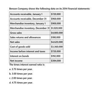 Benson Company shows the following data on its 2014 financial statements:
Accounts receivable, January 1
$720,000
Accounts receivable, December 31
$960,000
Merchandise inventory, January 1
$900,000
Merchandise inventory, December 31 $1,020,000
Gross sales
$4,800,000
Sales returns and allowances
$180,000
Net sales
$4,620,000
Cost of goods sold
$3,360,000
Income before interest and taxes
$720,000
Interest on bonds
$192,000
Net income
$384,000
The times interest earned ratio is:
a. 3.75 times per year.
b. 3.00 times per year.
c. 2.00 times per year.
d. 4.75 times per year.