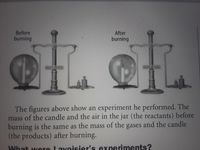 Before
burning
After
burning
The figures above show an experiment he performed. The
mass of the candle and the air in the jar (the reactants) before
burning is the same as the mass of the gases and the candle
(the products) after burning.
What were Lavoisier's experiments?
