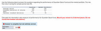 Use the following data to answer the question regarding the performance of Guardian Stock Fund and the market portfolio. The risk-
free return during the sample period was 5%.
Average return
Standard deviation of returns
Beta
Residual standard deviation
Guardian
14%
26%
1.2
0.60 X
4%
Calculate the information ratio measure of performance for Guardian Stock Fund. (Round your answer to 2 decimal places. Do not
round intermediate calculations.)
Answer is complete but not entirely correct.
Information
ratio
Market Portfolio
10%
21%
1
0%