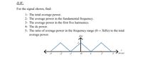 Н.W:
For the signal shown, find:
1- The total average power.
2- The average power in the fundamental frequency.
3- The average power in the first five harmonics.
4- The dc power.
5- The ratio of average power in the frequency range (0→ 3kHz) to the total
average power.
-1
1
3
m sec
