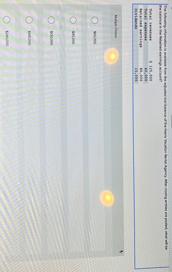 The following information is available from the adjusted trial balance of the Harris Vacation Rental Agency. After closing entries are posted, what will be
the balance in the Retained earnings account?
Total revenues
Total expenses
Retained earnings
Dividends
Multiple Choice
$65,000.
$95,000.
$130,000.
$145,000.
$280,000.
$ 125,000
60,000
80,000
15,000