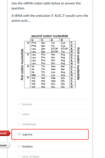 vered
swer
Use the mRNA codon table below to answer the
question.
A tRNA with the anticodon 5' AUG 3' would carry the
amino acid.....
first codon nucleotide
U
C
U Phe Ser
Phe
Ser
Leu
Ser
Leu
Ser
C Leu
Pro
Leu
Pro
Leu
Pro
Leu
Pro
second codon nucleotide
G
Cys
U
Cys C
STOP A
G
U
C
A
Alle
lle
lle
Met
G Val
Val
Val
Val
tyrosine
valine
methionine
arginine
histidine
none of these
A
Tyr
Tyr
STOP
STOP
His
His
Gin
Gin
Asn
Asn
Lys
Lys
Thr
Thr
Thr
Thr
Ala Asp
Ala
Asp
Ala
Glu
Ala
Glu
Trp
Arg
Arg
Arg
Arg
Ser
Ser
Arg
Arg
Gly
Gly
Gly
Gly
AGUCACUCAG
с
A
с
А
third codon nucleotide