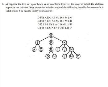 2. a) Suppose the tree in Figure below is an unordered tree, i.e., the order in which the children
appear is not relevant. Now determine whether each of the following breadth-first traversals is
valid or not. You need to justify your answer:
GFBKECAINJDHMLO
GFBKECAINJDHMLO
GKFBIJNEACOMLHD
GFBKECAINJOMLHD