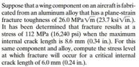 Suppose that a wing component on an aircraft is fabri-
cated from an aluminum alloy that has a plane-strain
fracture toughness of 26.0 MPa Vm (23.7 ksi Vin.).
It has been determined that fracture results at a
stress of 112 MPa (16,240 psi) when the maximum
internal crack length is 8.6 mm (0.34 in.). For this
same component and alloy, compute the stress level
at which fracture will occur for a critical internal
crack length of 6.0 mm (0.24 in.).
