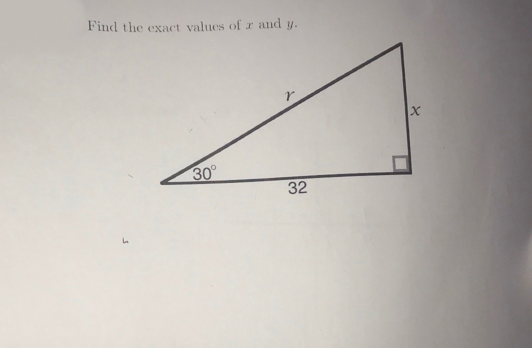 Find the exact values of x, and y.
30°
32
