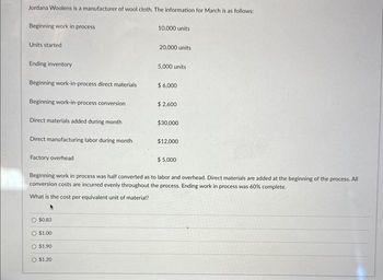 Jordana Woolens is a manufacturer of wool cloth. The information for March is as follows:
Beginning work in process
Units started
Ending inventory
Beginning work-in-process direct materials
Beginning work-in-process conversion
Direct materials added during month
O $0.83
O $1.00
O$1.90
10,000 units
O $1.20
20,000 units
5,000 units
$ 6,000
Direct manufacturing labor during month
Factory overhead
$ 5,000
Beginning work in process was half converted as to labor and overhead. Direct materials are added at the beginning of the process. All
conversion costs are incurred evenly throughout the process. Ending work in process was 60% complete.
What is the cost per equivalent unit of material?
$ 2,600
$30,000
$12,000