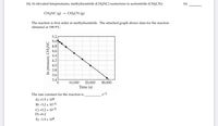 16) At elevated temperatures, methylisonitrile (CH3NC) isomerizes to acetonitrile (CH3CN):
16)
CH3NC (g)
CH3CN (g)
The reaction is first order in methylisonitrile. The attached graph shows data for the reaction
obtained at 198.9°C.
5.2
5.0
4.8
4.6
4.4
4.2
4.0
3.8
3.6
3.4
0.
10,000
20,000
Time (s)
30,000
The rate constant for the reaction is
s-1
A) +1.9 x 104
B) -5.2 x 10-5
C) +5.2 x 10-5
D) +6.2
E) –1.9 × 104
In pressure, CH3NC
