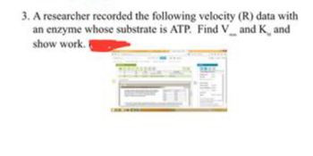 3. A researcher recorded the following velocity (R) data with
an enzyme whose substrate is ATP. Find V and K and
show work.
M