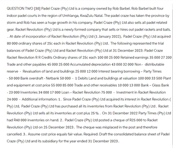 QUESTION TWO [30] Padel Craze (Pty) Ltd is a company owned by Rob Barbel. Rob Barbel built four
indoor padel courts in the region of Umhlanga, KwaZulu Natal. The padel craze has taken the province by
storm and Rob has seen a huge growth in his company. Padel Craze (Pty) Ltd also sells all padel related
gear. Racket Revolution (Pty) Ltd is a newly formed company that sells or hires out padel rackets and balls.
. At date of incorporation of Racket Revolution (Pty) Ltd (1 January 2022), Padel Craze (Pty) Ltd acquired
80 000 ordinary shares of 25c each in Racket Revolution (Pty) Ltd. The following represented the trial
balances of Padel Craze (Pty) Ltd and Racket Revolution (Pty) Ltd at 31 December 2023: Padel Craze
Racket Revolution R R Credits Ordinary shares of 25c each 100 00 25 000 Retained earnings 35 000 27 200
Trade and other payables 45 000 25 000 Accumulated depreciation 43 000 32 000 Non- distributable
reserve - Revaluation of land and buildings 25 000 12 000 Interest bearing borrowing - Party Times
-50 000 Bank overdraft - Netbank 50 000 - 1 Debits Land and buildings at valuation 100 000 33 500 Plant
and equipment at cost price 55 000 85 000 Trade and other receivables 10 000 13 000 Bank - Glass Bank
- 23 000 Inventories 34 000 17 000 Loan - Racket Revolution 75 000 - Investment in Racket Revolution
24 000 - Additional information: 1. Since Padel Craze (Pty) Ltd acquired its interest in Racket Revolution (
Pty) Ltd, Padel Craze (Pty) Ltd has purchased all its inventories from Racket Revolution (Pty) Ltd. Racket
Revolution (Pty) Ltd sells all its inventories at cost plus 25 %. On 31 December 2022 Party Times (Pty) Ltd
had R40 000 inventories on hand. 2. Padel Craze (Pty) Ltd posted a cheque of R25 000 to Racket
Revolution (Pty) Ltd on 25 December 2023. The cheque was misplaced in the post and therefore
cancelled. 3. Assume cost price equals fair value. Required: Draft the consolidated balance sheet of Padel
Craze (Pty) Ltd and its subsidiary for the year ended 31 December 2023.