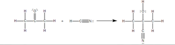 **Formation of Cyanohydrins**

In the image provided, a chemical reaction depicting the formation of cyanohydrins from an aldehyde and hydrogen cyanide is shown. Here is a detailed breakdown of the reaction:

### Reactants:
1. **Acetaldehyde (CH₃CHO)**
   - Structural Formula:  
     ```
       H   H   H
       |   |   |
     H-C-C-C-H
       |   ||  |
       H   O   H
     ```

2. **Hydrogen Cyanide (HCN)**
   - Structural Formula:
     ```
     H-C≡N
     ```

### Reaction Process:
- Acetaldehyde reacts with hydrogen cyanide to yield a cyanohydrin.

### Product:
- **Cyanohydrin**
  - Structural Formula:
    ```
         H   H   H
         |   |   |
     H-C-C-C-C-H
         |   |   |
         H   O   H
                |
            C≡N
     ```

### Reaction Mechanism:
1. **Initial Molecule:** Acetaldehyde (CH₃CHO) possesses a carbonyl group (C=O) attached to two hydrogen atoms and one methyl group.
2. **Addition of Hydrogen Cyanide (HCN):** The cyanide group (CN⁻) from HCN adds to the carbonyl carbon of acetaldehyde, converting the double-bonded oxygen (C=O) into a hydroxyl group (OH).
3. **Formation of Cyanohydrin:** The resulting molecule has an OH group and a CN group attached to the same carbon atom, forming cyanohydrin.

### Detailed Diagram Explanation:
- The diagram illustrates a chemical reaction taking place where each reactant and product is structurally depicted with all bonds and atoms clearly shown.
- The arrow indicates the direction of the chemical reaction, moving from left (reactants) to right (product).

This reaction is significant in organic chemistry as cyanohydrins are versatile intermediates in the synthesis of various important compounds.