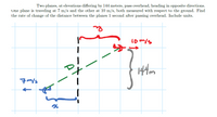 Two planes, at elevations differing by 144 meters, pass overhead, heading in opposite directions.
One plane is traveling at 7 m/s and the other at 10 m/s, both measured with respect to the ground. Find
the rate of change of the distance between the planes 1 second after passing overhead. Include units.
lom/s
1441m
7m/s
