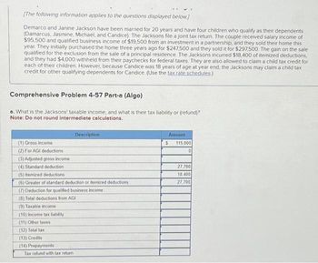 [The following information applies to the questions displayed below.]
Demarco and Janine Jackson have been married for 20 years and have four children who qualify as their dependents
(Damarcus, Jasmine, Michael, and Candice). The Jacksons file a joint tax return. The couple received salary income of
$95,500 and qualified business income of $19,500 from an investment in a partnership, and they sold their home this
year. They initially purchased the home three years ago for $247,500 and they sold it for $297,500. The gain on the sale
qualified for the exclusion from the sale of a principal residence. The Jacksons incurred $18,400 of itemized deductions,
and they had $4,000 withheld from their paychecks for federal taxes. They are also allowed to claim a child tax credit for
each of their children. However, because Candice was 18 years of age at year end, the Jacksons may claim a child tax
credit for other qualifying dependents for Candice. (Use the tax rate schedules.)
Comprehensive Problem 4-57 Part-a (Algo)
a. What is the Jacksons' taxable income, and what is their tax liability or (refund)?
Note: Do not round intermediate calculations.
(1) Gross income
(2) For AGI deductions
(3) Adjusted gross income
(4) Standard deduction
(5) Itemized deductions i
(6) Greater of standard deduction or itemized deductions
Description
(7) Deduction for qualified business income
(8) Total deductions from AGI
(9) Taxable income
(10) Income tax liability
(11) Other taxes
(12) Total tax
(13) Credits -
(14) Prepayments
Tax refund with tax return
Amount
$
115,000
0
27,700
18,400
27,700