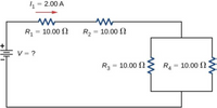 4 = 2.00 A
%3D
R1
10.00 N
R2 = 10.00 N
V = ?
R3 = 10.00 N
R4 = 10.00 N
