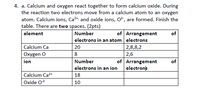 4. a. Calcium and oxygen react together to form calcium oxide. During
the reaction two electrons move from a calcium atom to an oxygen
atom. Calcium ions, Ca+, and oxide ions, 0?, are formed. Finish the
table. There are two spaces. (2pts)
element
Number
of Arrangement
electrons in an atom electrons
of
Calcium Ca
20
2,8,8,2
Oxygen O
8
2,6
ion
Number
of Arrangement
electronk
of
electrons in an ion
Calcium Ca+
18
Oxide 0?
10
