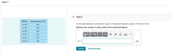 Item 7
Station
10+00
11+00
12+00
13+00
14+00
15+00
Cut End Area (ft²)
269
350
432
401
277
109
Part A
For the data tabulated, calculate the volume of excavation between stations 10+00 and 15+00.
Express your answer in cubic yards to five significant figures.
Ve=
Submit
Π| ΑΣΦ
AΣ vec
Request Answer
wwwwww
?
yd³
