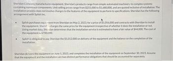 Sheridan Company manufactures equipment. Sheridan's products range from simple automated machinery to complex systems
containing numerous components. Unit selling prices range from $255,000 to $1,680,000, and are quoted inclusive of installation. The
installation process does not involve changes to the features of the equipment to perform to specifications. Sheridan has the following
arrangement with Splish Inc.
Splish purchases equipment from Sheridan on May 2, 2023, for a price of $1,056,000 and contracts with Sheridan to install
the equipment. Sheriden charges the same price for the equipment irrespective of whether it does the installation or not.
Using market data, Sheridan determines that the installation service is estimated to have a fair value of $44,000. The cost of
the equipment is $700,000.
Splish is obligated to pay Sheridan the $1,012.000 on delivery of the equipment and the balance on the completion of the
installation.
Sheridan delivers the equipment on June 1, 2023, and completes the installation of the equipment on September 30, 2023. Assume
that the equipment and the installation are two distinct performance obligations that should be accounted for separately.