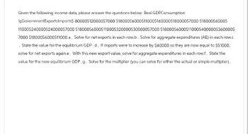 Given the following income data, please answer the questions below: Real GDPConsumption
IgGovernmentExportsImports$ 80000$120000$7000 $18000$6000$11000$160000$180000$7000 $18000$6000$
11000$240000$240000$7000 $18000$6000$11000$320000$300000$7000 $18000$6000$11000$400000$360000$
7000 $18000$6000$11000 a. Solve for net exports in each row.b. Solve for aggregate expenditures (AE) in each row.c
. State the value for the equilibrium GDP. d. If imports were to increase by $40000 so they are now equal to $51000.
solve for net exports again.e. With this new export value, solve for aggregate expenditures in each row.f. State the
value for the new equilibrium GDP.g. Solve for the multiplier (you can solve for either the actual or simple multiplier).