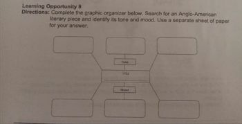 Learning Opportunity 8
Directions: Complete the graphic organizer below. Search for an Anglo-American
literary piece and identify its tone and mood. Use a separate sheet of paper
for your answer.
Tone
TITLE
Mood