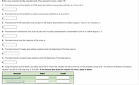 Enter your answers to the nearest cent. If an amount is zero, enter "0".
1. The total amount of the liability for FICA taxes and federal income taxes withheld as of June 30 is:
2. The total amount of the liability for state income taxes withheld as of June 30 is:
3. The amount of FUTA taxes that must be paid to the federal government on or before August 1 (July 31 is a Sunday) is:
$4
4. The amount of contributions that must be paid into the state unemployment compensation fund on or before August 1 is:
$4
5. The total amount due the treasurer of the union is:
6. The total amount of wages and salaries expense since the beginning of the fiscal year is:
7. The total amount of payroll taxes expense since the beginning of the fiscal year is:
8. Using the partial journal below, journalize the entry to record the vacation accrual at the end of the company's fiscal year. The amount of Brookins Company's
vacation accrual for the fiscal year is $15,000. If an amount box does not require an entry, leave it blank.
Account
Debit
Credit
