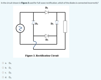 In the circuit shown in Figure 3 used for full-wave rectification, which of the diodes is connected incorrectly?
O a. D4
O b. D₁
O c. D₂
O d. D3
z
D4
D₁
D3
D₂
Figure 3. Rectification Circuit