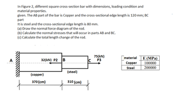 A
In Figure 2, different square cross-section bar with dimensions, loading condition and
material properties.
given. The AB part of the bar is Copper and the cross-sectional edge length is 120 mm; BC
part
It is steel and the cross-sectional edge length is 80 mm.
(a) Draw the normal force diagram of the rod.
(b) Calculate the normal stresses that will occur in parts AB and BC.
(c) Calculate the total length change of the rod.
t
32(kN) P2 B
(copper)
370 (cm)
(steel)
310 (cm)
C
75(kN)
P3
material
Copper
Steel
E (MPa)
100000
200000