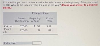 Assume that you want to reindex with the index value at the beginning of the year equal
to 100. What is the index level at the end of the year? (Round your answer to 2 decimal
places.)
Kirk, Inc.
Picard
Co.
Shares
Outstanding
Index level
37,000
27,000
Price per Share
Beginning
of Year
$ 52
77
End of
Year
$57
82