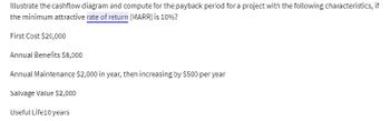 Illustrate the cashflow diagram and compute for the payback period for a project with the following characteristics, if
the minimum attractive rate of return (MARR) is 10%?
First Cost $20,000
Annual Benefits $8,000
Annual Maintenance $2,000 in year, then increasing by $500 per year
Salvage Value $2,000
Useful Life 10 years