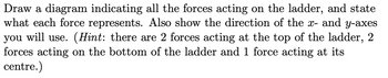 Draw a diagram indicating all the forces acting on the ladder, and state
what each force represents. Also show the direction of the x- and y-axes
you will use. (Hint: there are 2 forces acting at the top of the ladder, 2
forces acting on the bottom of the ladder and 1 force acting at its
centre.)