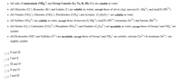 • All salts of ammonium (NH4) and Group I metals (Li, Na, K, Rb, Cs) are soluble in water.
• All Chlorides (CI), Bromides (Br") and Iodides (I) are soluble in water; except those of silver (Ag), mercury(I) (Hg"), and lead(II) (Pb2+).
• All Nitrates (NO3), Chlorates (C103), Perchlorates (C104) and Acetates (C2H302) are soluble in water.
• All Sulfates (SO42-) are soluble in water; except those of mercury(I) (Hg*), lead(II) (Pb2+) strontium (Sr2+) and barium (Ba2+).
• All Oxides (02), Carbonates (CO3²-), Phosphates (PO43-) and Oxalates (C2042-) are insoluble in water; except those of Group I and NH,* are
soluble.
• All Hydroxides (OH") and Sulfides (S2-) are insoluble; except those of Group I and NH,* are soluble, calcium (Ca2+) & strontium (Sr2+) are
slightly soluble.
II and III
OA.
O B. I and II
III and IV
OC.
II and IV
OD.
O E. I and III
