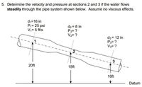 5. Determine the velocity and pressure at sections 2 and 3 if the water flows
steadily through the pipe system shown below. Assume no viscous effects.
d;=16 in
P;= 25 psi
V;= 5 ft/s
d2 = 8 in
P2= ?
V2= ?
d3 = 12 in
P3= ?
V3= ?
3
20ft
15ft
10ft
Datum
