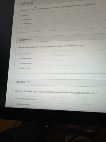 Question 10
What type of fibers arise from nerve cell bodies located within the dorsal root ganglion?
O Motor
O Spinal nerves
O Sympathetic
O Sensory
Question 11
Ventral roots and dorsal roots converge laterally to form which structure?
O Spinal cord
O Chain ganglion
O Sensory nerves
O Spinal nerves
Question 12
Which of the suboccipital muscles originates on the transverse process of the atlas?
O Obliques capitis superior
O Splenius capitis