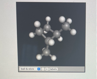 **Molecular Model: Ball and Stick Representation**

This image demonstrates a three-dimensional molecular structure using the ball-and-stick model representation commonly used in chemistry to visualize the structure of molecules.

**Description:**
- **Atoms:** The spheres (balls) in the model represent atoms. The color and size of the spheres typically correlate with different types of atoms (for example, carbon atoms are usually depicted as grey spheres, hydrogen atoms as white spheres, oxygen atoms as red spheres, etc.). However, in this image, all atoms appear in grayscale, making it less specific.
- **Bonds:** The rods (sticks) connecting the spheres represent the chemical bonds between atoms. The length and angles of these sticks follow the molecular geometry of the substance depicted.

**This Model:**
The molecule shown likely involves carbon and hydrogen atoms, considering the typical gray and white ball-and-stick colors associated. The arrangement suggests a relatively complex organic molecule, possibly an isomer of an alkane or a molecule with a significant number of carbon atoms.

**Functionalities in the Image:**
- **Ball & Stick:** A menu option indicating the user can change the type of model representation (ball-and-stick in this case).
- **Zoom Options:** Indicated by the plus ("+") and minus ("-") signs, these options allow for zooming in and out on the model to analyze different structural features.
- **Labels:** A button that could toggle labels on or off, providing additional information about each atom in the model such as element symbols or atomic numbers.

**Educational Context:**
This model is especially useful for students and educators in visualizing and understanding molecular structures, bond formations, and spatial arrangements in organic and inorganic chemistry. It provides a tangible way to comprehend abstract chemical formulas and reactions.