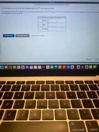 [References)
Use the References to access important values if needed for this question.
In the laboratory you are given the task of separating Ag* and Fe2+ ions in aqueous solution.
For each reagent listed below indicate if it can be used to separate the ions. Type "Y" for yes or "N" for no. If the reagent CAN be used to separate the ions, give the formula
the precipitate. If it cannot, type "No"
Y or N Reagent Formula of Precipitate if YES
1.
K,CO,
2.
NaCl
3.
Na,8O,
Submit Answer
Try Another Version
3 Item attempts remaining
(Previous
Next)
10
stv
MacBook Air
DII
80
888
F4
F7
F8
F9
F3
F5
F6
%23
$
%
&
8
%3D
3
4
{
E
Y
G
H
L
C
V
M
command
option
.. .-
