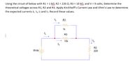 Using the circuit of below with R1 = 1 kQ, R2 = 220 Q, R3 = 10 kQ, and V = 9 volts, Determine the
theoretical voltages across R1, R2 and R3. Apply Kirchhoff's Current Law and Ohm's Law to determine
the expected currents Is. I1, l2 and I3. Record these values.
R1
1k
R3
10k
13
R2
9Vdc
220
