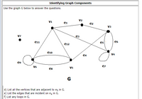 Identifying Graph Components
Use the graph G below to answer the questions.
V2
V1
ei
e2
V3
V7
e3
ei1
es
e12
e10
V4
e4
e9
V6
e7
V5
e8
G
d) List all the vertices that are adjacent to v5 in G.
e) List the edges that are incident on v4 in G.
f) List any loops in G.
