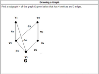 Drawing a Graph
Find a subgraph H of the graph G given below that has 4 vertices and 3 edges.
V1
V2
ei
e2
e6
V3
V4
e4
ез
V5
G
