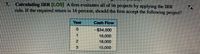 7. Calculating IRR [LO5] A firm evaluates all of its projects by applying the IRR
rule. If the required return is 16 percent, should the firm accept the following project?
Year
Cash Flow
--$34,000
16,000
18,000
2
15,000
