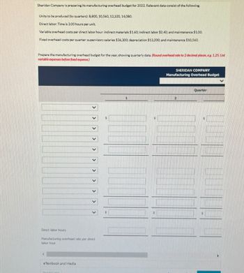 Sheridan Company is preparing its manufacturing overhead budget for 2022. Relevant data consist of the following.
Units to be produced (by quarters): 8,800, 10,560, 12,320, 14,080.
Direct labor: Time is 3.00 hours per unit.
Variable overhead costs per direct labor hour: indirect materials $1.60; indirect labor $2.40; and maintenance $1.00.
Fixed overhead costs per quarter: supervisory salaries $36,300; depreciation $13,200; and maintenance $10,560
Prepare the manufacturing overhead budget for the year, showing quarterly data. (Round overhead rate to 2 decimal places, eg. 1.25. Ust
variable expenses before fixed expense)
Direct labor hours
Manufacturing overhead rate per direct
labor hour
eTextbook and Medla
SHERIDAN COMPANY
Manufacturing Overhead Budget
Quarter
2