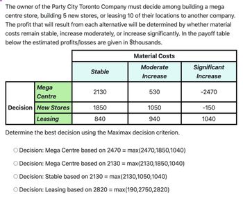 The owner of the Party City Toronto Company must decide among building a mega
centre store, building 5 new stores, or leasing 10 of their locations to another company.
The profit that will result from each alternative will be determined by whether material
costs remain stable, increase moderately, or increase significantly. In the payoff table
below the estimated profits/losses are given in $thousands.
Material Costs
Stable
Mega
Centre
Decision New Stores
Leasing
Determine the best decision using the Maximax decision criterion.
2130
Moderate
Increase
1850
840
530
1050
940
O Decision: Mega Centre based on 2470 = max(2470,1850,1040)
O Decision: Mega Centre based on 2130 = max(2130,1850,1040)
Decision: Stable based on 2130 = max(2130,1050,1040)
O Decision: Leasing based on 2820 = max(190,2750,2820)
Significant
Increase
-2470
-150
1040