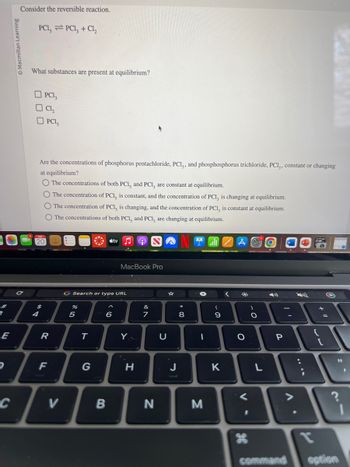 #
3
E
C
Macmillan Learning
Consider the reversible reaction.
PCI, PCl3 + Cl₂
What substances are present at equilibrium?
4
PCL,
CL,
20
$
Are the concentrations of phosphorus pentachloride, PCI,, and phosphosphorus trichloride, PC13, constant or changing
at equilibrium?
O The concentrations of both PC1, and PC1, are constant at equilibrium.
O The concentration of PCI, is constant, and the concentration of PCI, is changing at equilibrium.
O The concentration of PCI, is changing, and the concentration of PC1, is constant at equilibrium.
O The concentrations of both PC1, and PC1, are changing at equilibrium.
PCI,
R
F
V
%
G Search or type URL
5
T
6
tv
B
MacBook Pro
Y
H
of
&
7
N
U
J
* 00
8
1
M
(
9
K
<
A
*
O
<
I
O
L
P
command
i
T
+
[
11
option
F