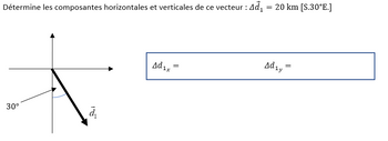 30°
Détermine les composantes horizontales et verticales de ce vecteur : Ad₁
=
20 km [S.30°E.]
ام
Ad1x
=
Adiy
==