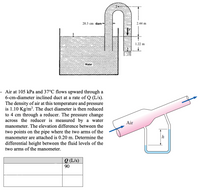 20.3 cm diam
2.44 m
1.22 m
Water
Air at 105 kPa and 37°C flows upward through a
6-cm-diameter inclined duct at a rate of Q (L/s).
The density of air at this temperature and pressure
is 1.10 Kg/m³. The duct diameter is then reduced
to 4 cm through a reducer. The pressure change
across the reducer is measured by a water
Air
manometer. The elevation difference between the
two points on the pipe where the two arms of the
manometer are attached is 0.20 m. Determine the
differential height between the fluid levels of the
two arms of the manometer.
Q (L/s)
90
