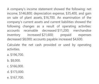 A company's income statement showed the following: net
income, $146,800; depreciation expense, $35,400, and gain
on sale of plant assets, $16,700. An examination of the
company's current assets and current liabilities showed the
following changes as a result of operating activities:
accounts receivable decreased $11,200; merchandise
inventory increased $21,600; prepaid expenses
decreased $8,000; accounts payable increased $4,600.
Calculate the net cash provided or used by operating
activities.
a. $196,700.
b. $8,000.
c. $166,000.
d. $173,000.
e. $167,700.