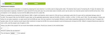 eBook
Replacement Analysis
Video
The Gilbert Instrument Corporation is considering replacing the wood steamer it currently uses to shape guitar sides. The steamer has 6 years of remaining life. If kept, the steamer will
have depreciation expenses of $550 for 5 years and $275 for the sixth year. Its current book value is $3,025, and it can be sold on an Internet auction site for $3,555 at this time. If the
old steamer is not replaced, it can be sold for $800 at the end of its useful life.
Gilbert is considering purchasing the Side Steamer 3000, a higher-end steamer, which costs $11,700 and has an estimated useful life of 6 years with an estimated salvage value of
$1,600. This steamer falls into the MACRS 5-years class, so the applicable depreciation rates are 20.00%, 32.00%, 19.20%, 11.52%, 11.52%, and 5.76%. The new steamer is faster and
allows for an output expansion, so sales would rise by $2,000 per year; the new machine's much greater efficiency would reduce operating expenses by $1,600 per year. To support the
greater sales, the new machine would require that inventories increase by $2,900, but accounts payable would simultaneously increase by $700. Gilbert's marginal federal-plus-state tax
rate is 25%, and the project cost of capital is 15%.
What is the NPV of the project? Do not round intermediate calculations. Round your answer to the nearest dollar.
$
Should it replace the old steamer?
The old steamer should
☑ be replaced.