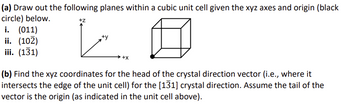 (a) Draw out the following planes within a cubic unit cell given the xyz axes and origin (black
circle) below.
i. (011)
ii. (102)
iii. (131)
LO
(b) Find the xyz coordinates for the head of the crystal direction vector (i.e., where it
intersects the edge of the unit cell) for the [131] crystal direction. Assume the tail of the
vector is the origin (as indicated in the unit cell above).