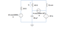 Ix
40 0
70 mH
20 0
4 cos(1000t+30°),
10 cos(1000t)
A
20 Ix
40 μF
