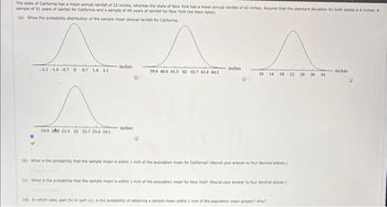 The state of California has a mean annual rainfall of 22 inches, whereas the state of New York has a mean annual rainfall of 42 inches. Assume that the standard deviation for both states is 4 inches. A
sample of 31 years of rainfall for California and a sample of 49 years of rainfall for New York has been taken.
(a) Show the probability distribution of the sample mean annual rainfall for California.
-2.1-14-0.7 0 0.7 1.4 2.1
199 200 21.3 22 22.7 234 24.1
inches
inches
^^
inches
39.9 40.6 41.3 42 42.7 434 44.1
@0
10 14 18 22 26
(b) What is the probability that the sample mean is within 1 inch of the population mean for California? (Round your answer to four decimal places.)
(c) What is the probability that the sample mean is within 1 inch of the population mean for New York? (Round your answer to four decimal places)
(a) In which case, part (b) or part (c), is the probability of obtaining a sample mean within 1 inch of the population mean greater? Why?
30 34
inches