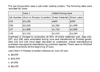 The Lee Corporation uses a job-order costing system. The following data were
recorded for June:
June 1
Added During June
Job Number Work in Process Inventory Direct Materials Direct Labor
235
$3,150
236
$2,210
237
$1,585
238
$1,125
$860
$595
$1,260
$1,435
$1,720
$2,530
$2,410
$3,290
Overhead is charged to production at 90% of direct materials cost. Jobs 235,
237, and 238 were completed during June and transferred to finished goods.
Jobs 235 and 238 have been delivered to customers. Actual manufacturing
overhead was equal to manufacturing overhead applied. There were no Finished
Goods inventories at the beginning of June.
Lee's Work in Process inventory balance on June 30 was:
a. $6,039
b. $11,549
c. $4,905
d. $6,199