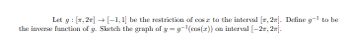 Let g[,2] → [1,1] be the restriction of cos x to the interval [,2]. Define g-¹ to be
the inverse function of g. Sketch the graph of y = g¹ (cos(x)) on interval [−2,2].